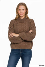 Zenana Womens Sweater Brown Cable-Knit Ribbed Turtleneck Pullover fe28c086-9080-4c9b-a390-2808b396970f-Max-Origin Trendsi