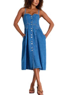 Button-Front Midi Denim Dress with Smocked Waist and Pockets
