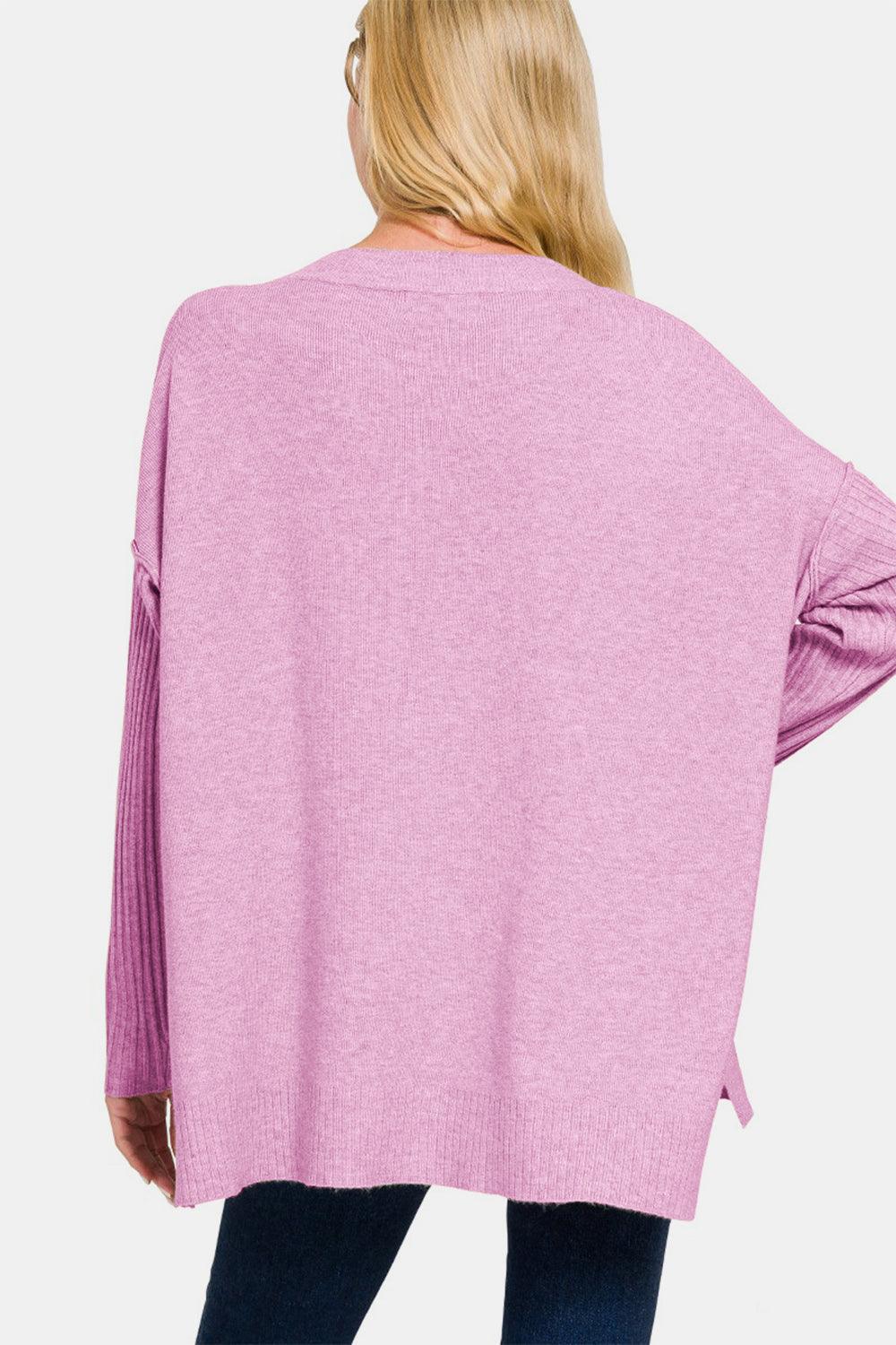 Zenana Sweater V-Neck Side Slit High-Low Loose Knitwear Long Sleeve fe39d39b-ba77-4563-9ae6-ab2195ad45f3-Max Trendsi
