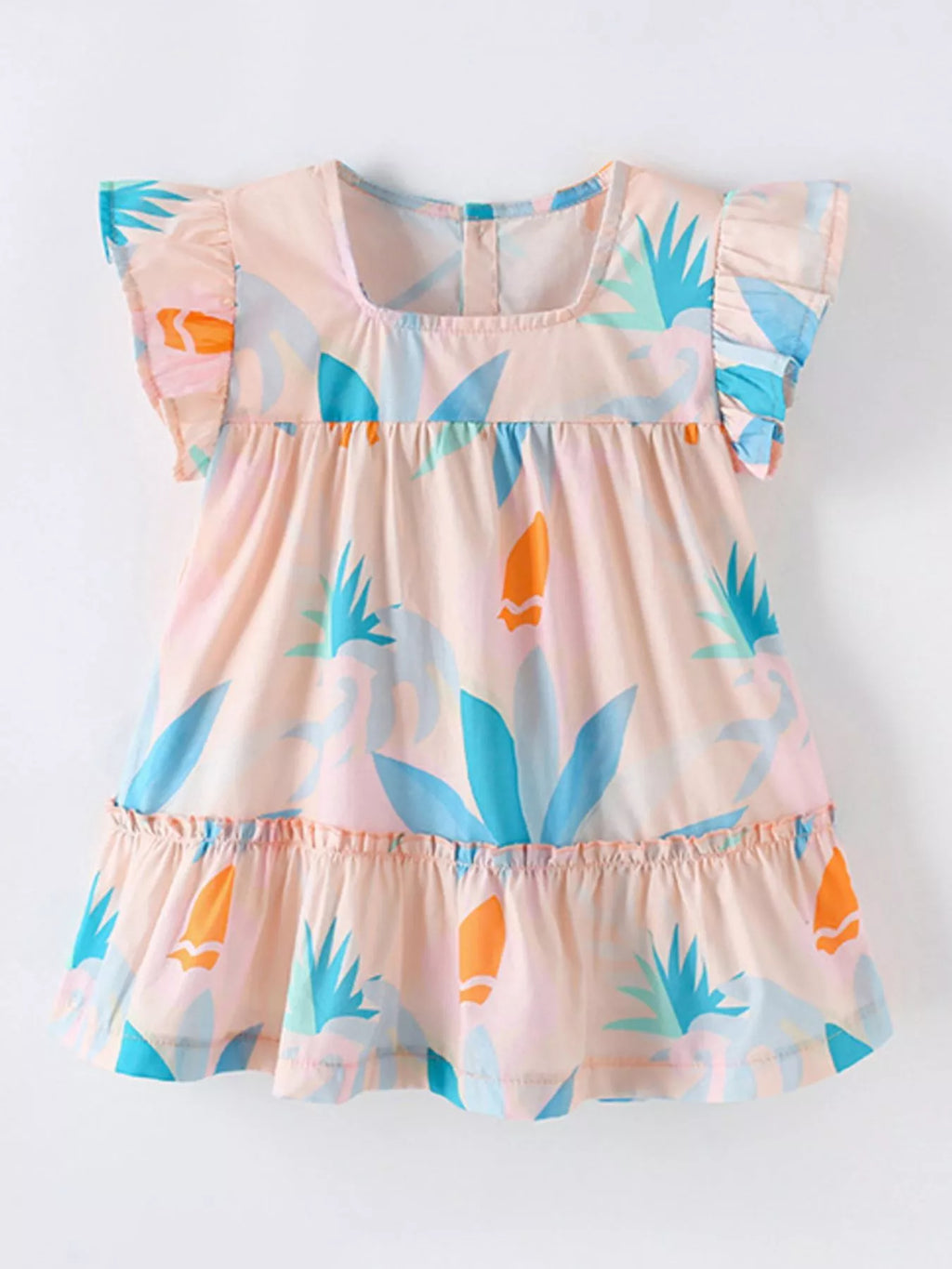 Children's Tropical Print Ruffle Sleeve Summer Dress