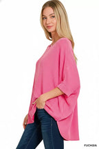 Zenana Womens Blouse Fucshia Pink Raised Rib Bat Sleeve Oversized Top fe413077-9c8c-4bc3-a6f2-d304679f1b7c-Max-Origin Trendsi