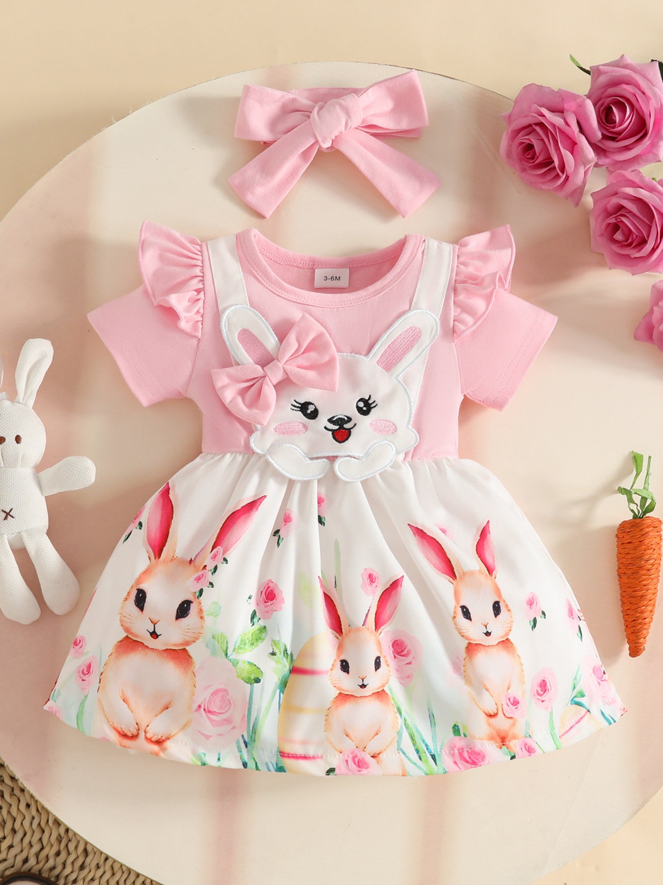 Children's Bunny Print Ruffled Dress with Headband