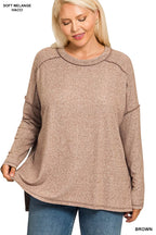 Zenana Women's Blouse Brown Melange Hacci Exposed Seam Hi-low Tee Plus Sizes fe465c36-2e60-4834-b89d-d54f60bdb7ea-Max-Origin Trendsi
