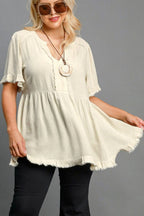 Umgee Babydoll Linen Blouse Raw Hem Notched Short Sleeve Oatmeal fe516c57-081f-4941-9dfc-a850b6458715-Max Trendsi