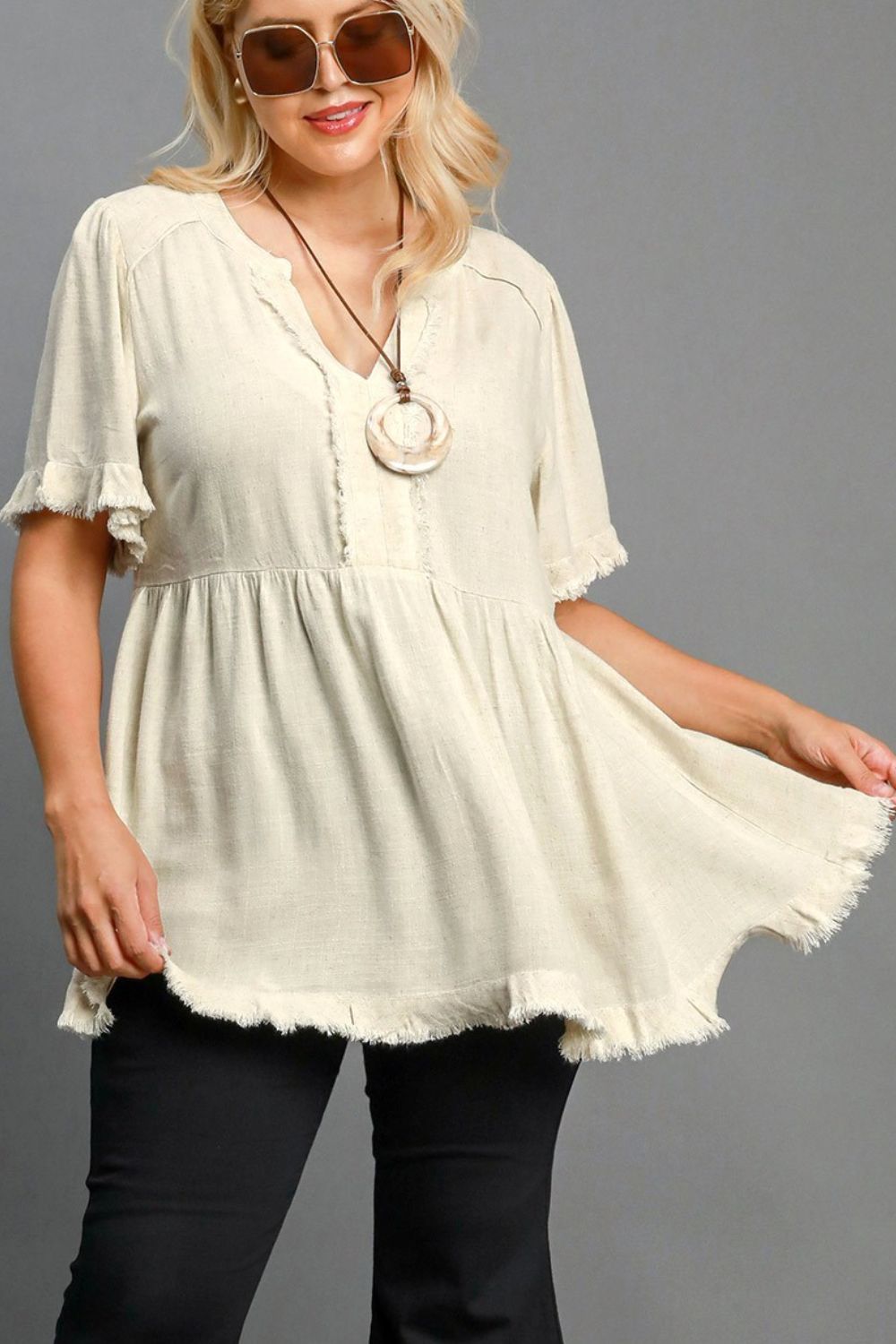 Umgee Babydoll Linen Blouse Raw Hem Notched Short Sleeve Oatmeal fe516c57-081f-4941-9dfc-a850b6458715-Max Trendsi