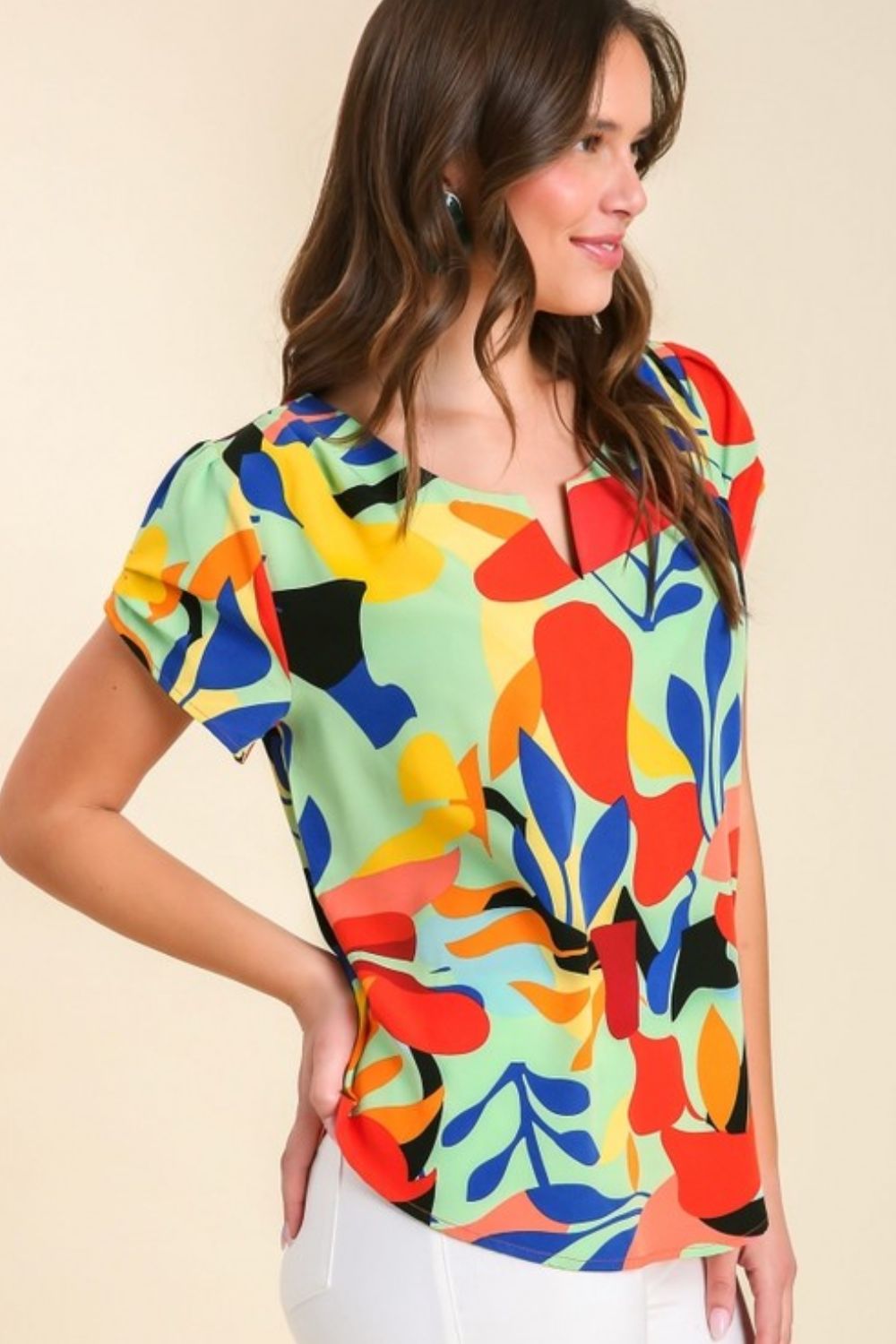 Umgee Top Colorful Abstract Print Short Sleeved Ruched Blouse fe537f1a-2a20-457f-ad5a-a77cb0c9db38-Max Trendsi