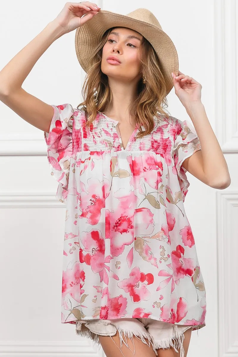 BiBi Blouse Ruffled Floral Print Flutter Sheer Top Short Sleeve fe55f009cb5a432d93470cb71853e7d9-Max-Origin Trendsi