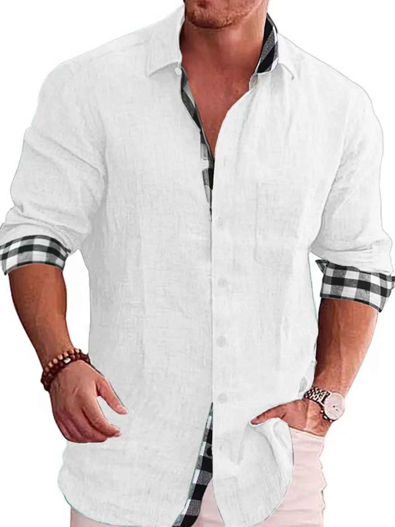 Men's Shirts Casual Cotton Blend Plaid-Trim Long Sleeve Lightweight Tops White fe60f1ec-3926-43b3-b8d3-dbd8647e4191-Max-Origin Trendsi