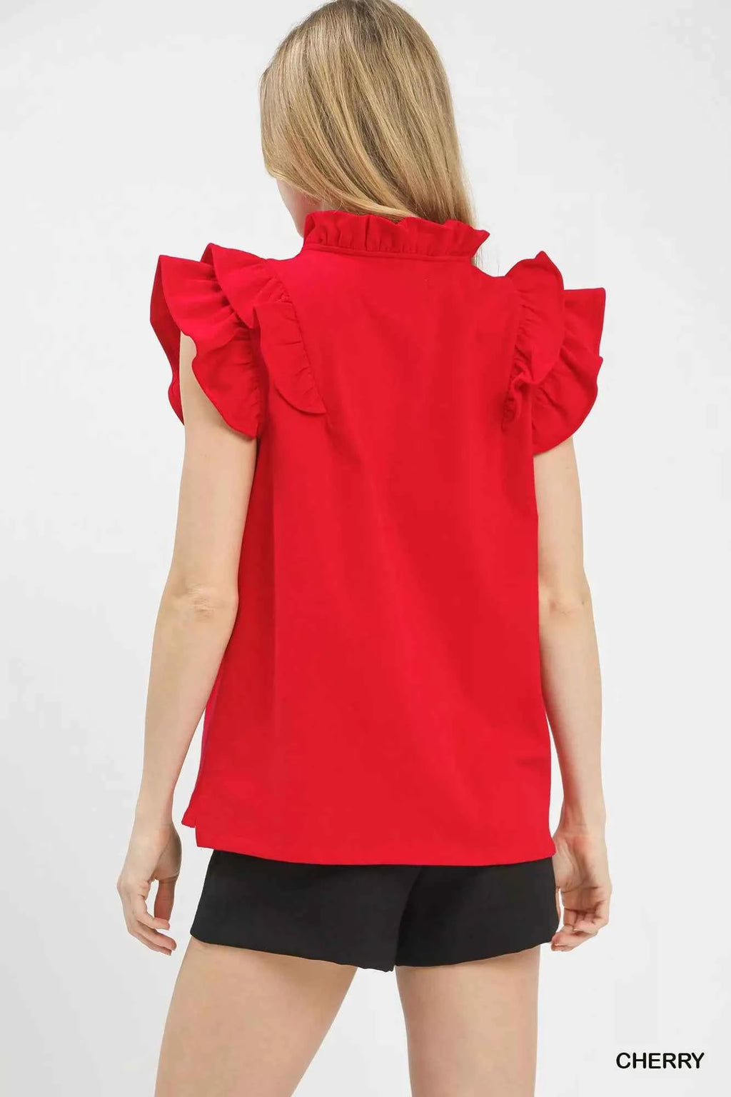 Umgee Blouse Ruffle Short Sleeve Cherry Red V-Neck Top fe63b6ed-77e3-42b3-88e2-6957b1e0f57b-Max-Origin Trendsi