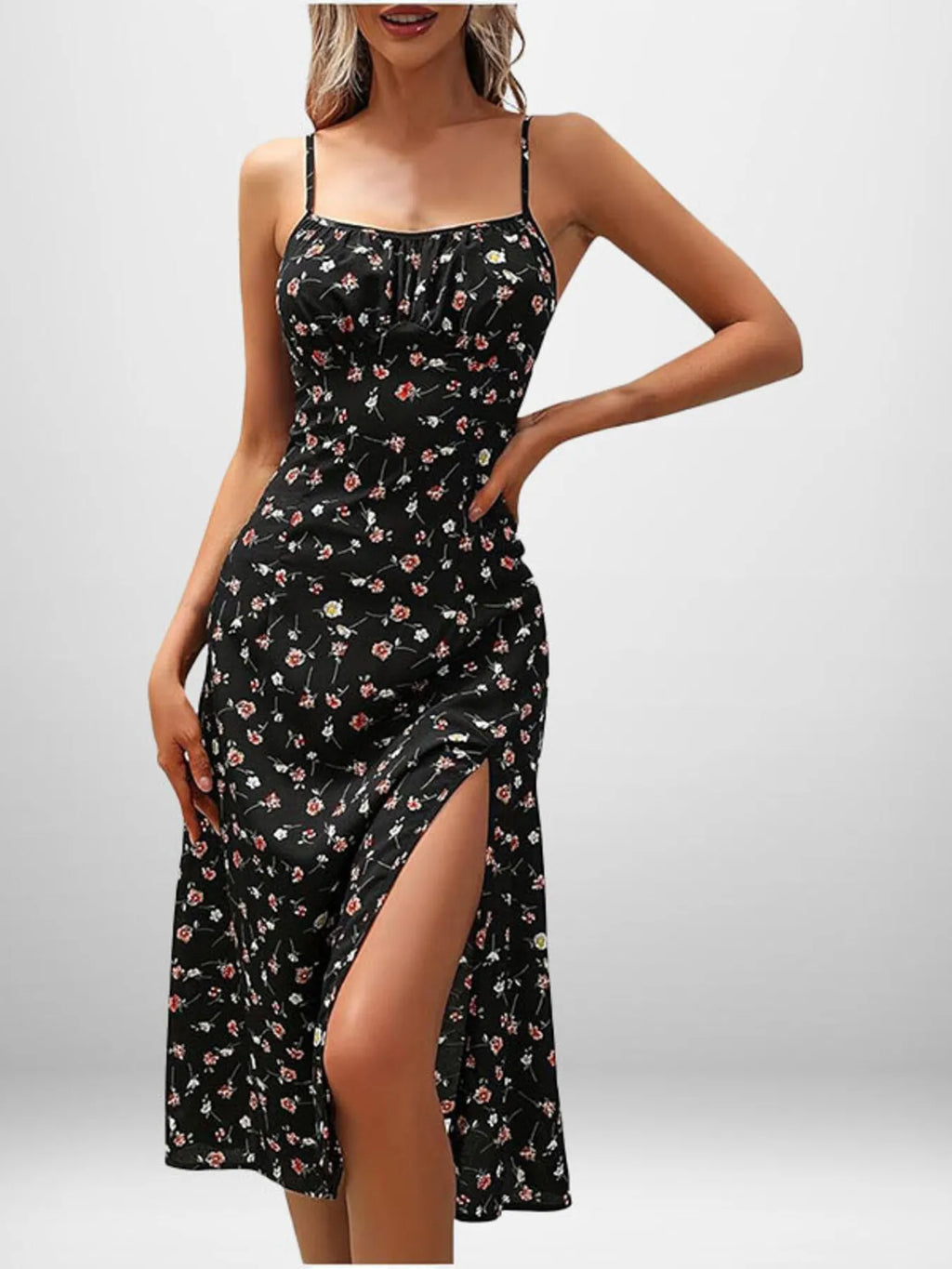 Cami Midi Dress Floral Polka Dot Printed Side Slit Tied Strappy Dresses fe6b554fbad54801a3b8565e67bc4411-Max-Origin Trendsi