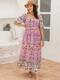 Plus Size Printed Dress with Square Neck and Ruffle Hem