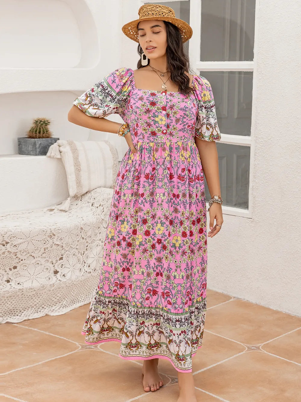 Plus Size Printed Dress with Square Neck and Ruffle Hem