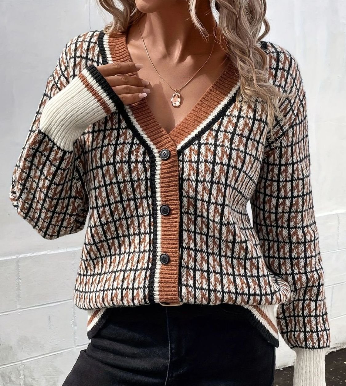 Plaid Women Cardigan Knit V-Neck Button Up Long Sleeve Casual Sweater