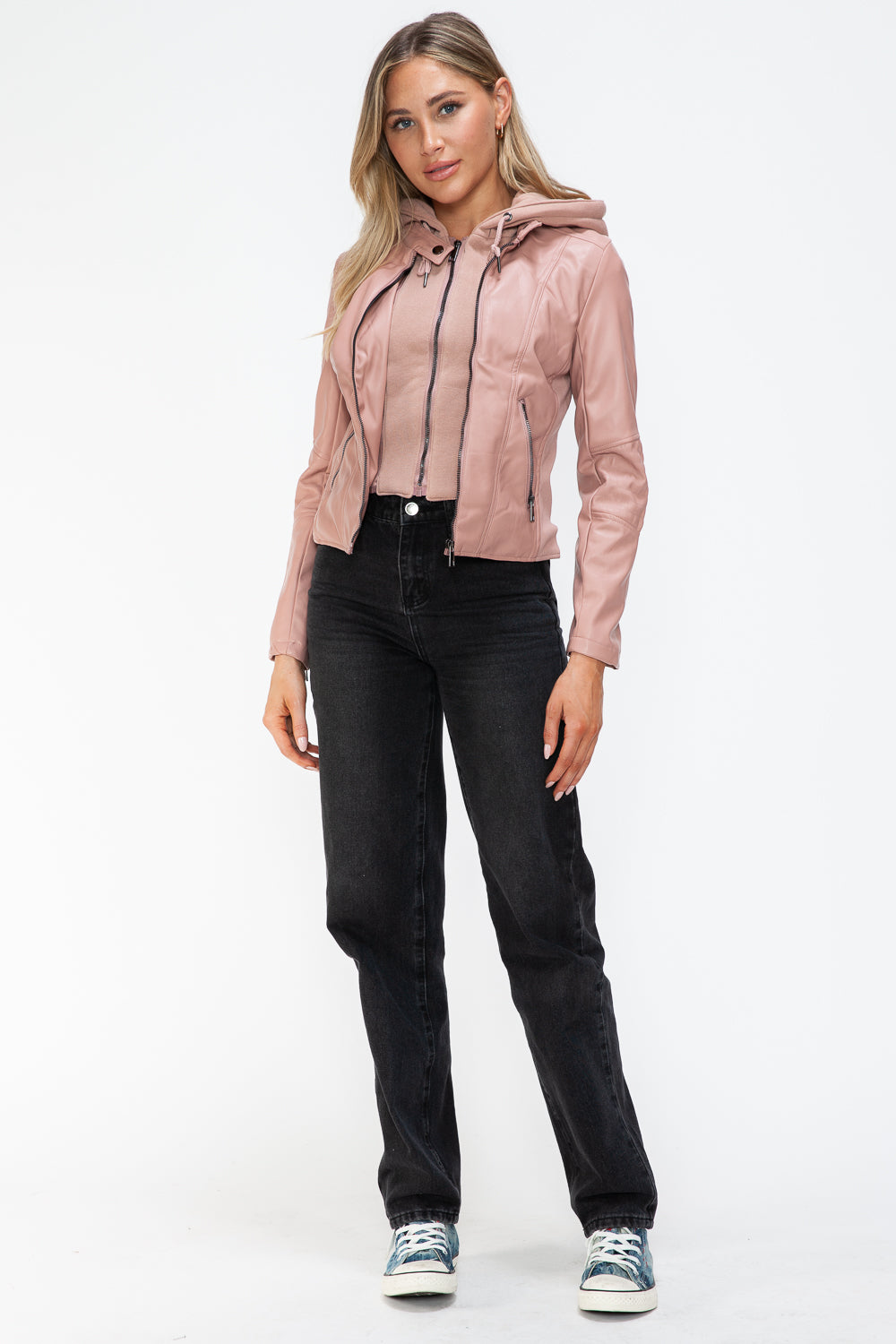 Snobbish Faux Leather Women Jacket Mauve Zip Up Drawstring Hooded