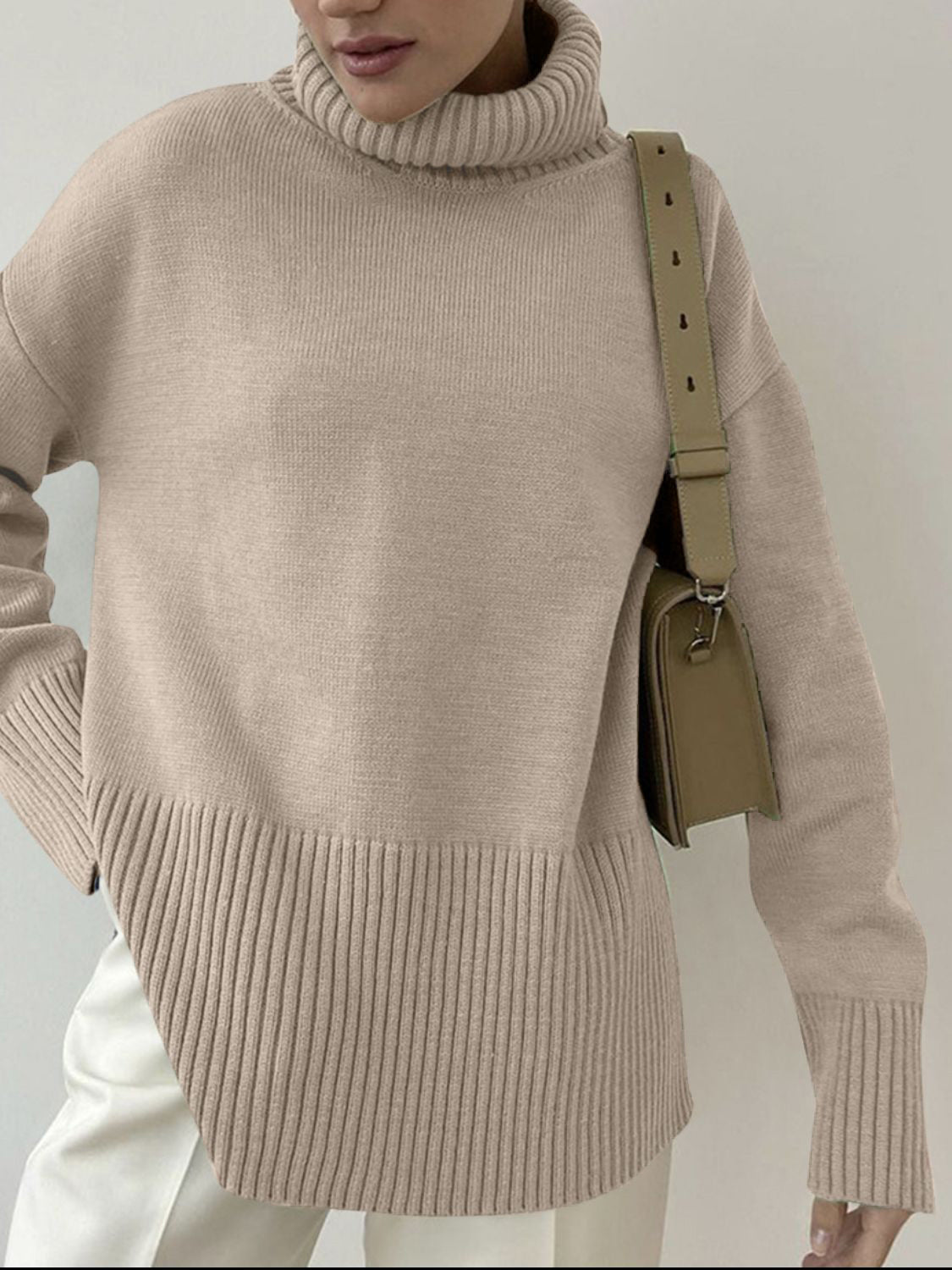 Women Sweater Side Slit Turtleneck Drop Shoulder Long Sleeve Soft Pullover fe76c041-f7c8-4e81-b6e5-fe0f808c7ebb-Max Trendsi