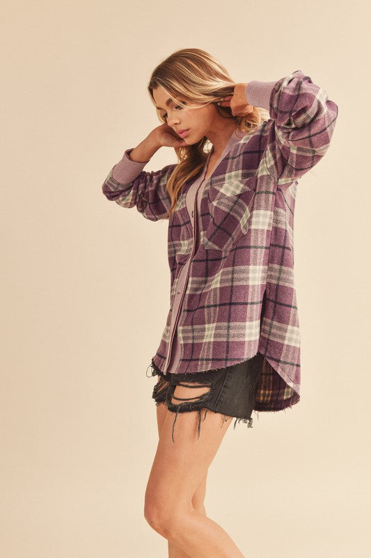 Aemi + Co Plaid Purple Jacket Side Slit Patch Pocket Long Sleeve fe7d516a-f6d1-4afd-b549-680a335b6672-Max Trendsi