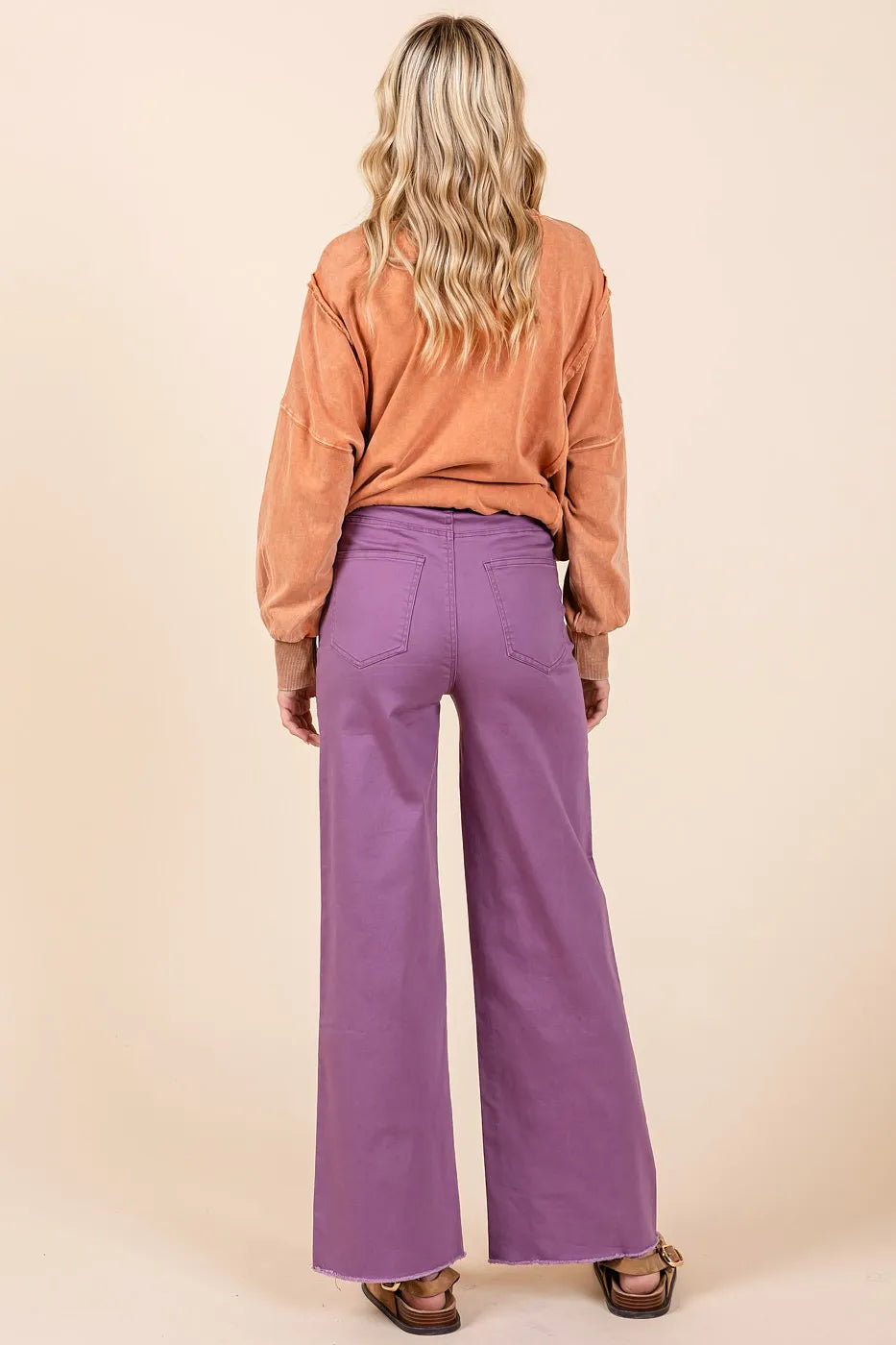 Mittoshop Wide Leg Pants Plum Twill High Waisted Button Fly Raw Hem fe7e0b377d0b493d9d3280732466ffbb-Max-Origin Trendsi