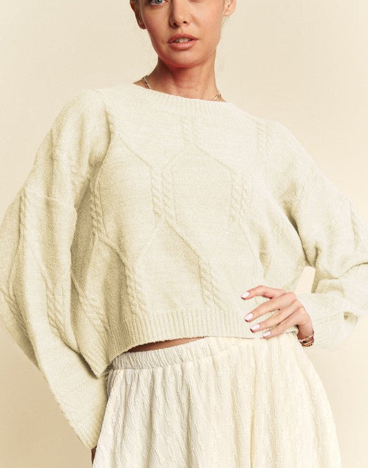 Davi & Dani Sweater Ivory Diamond Cable Pattern Drop Shoulder Long Sleeve Ivory fe7f3925-1b26-416f-bdaa-b09a53b1bd2a-Max Trendsi