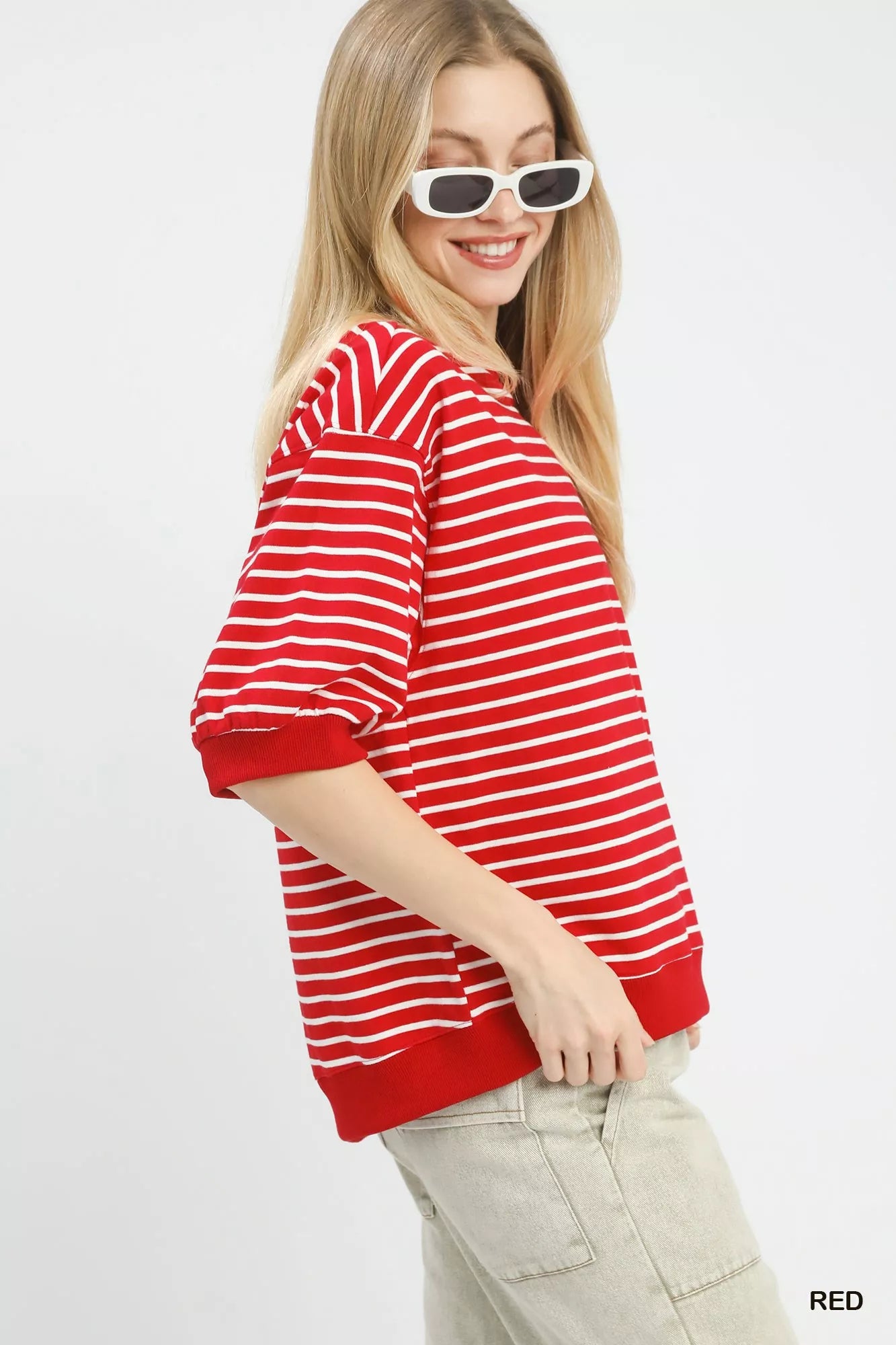 Umgee Cotton T-shirt Striped Red Short Sleeve Pullover Top fe81e705-1273-482a-ae9b-674f134179ef-Max-Origin Trendsi