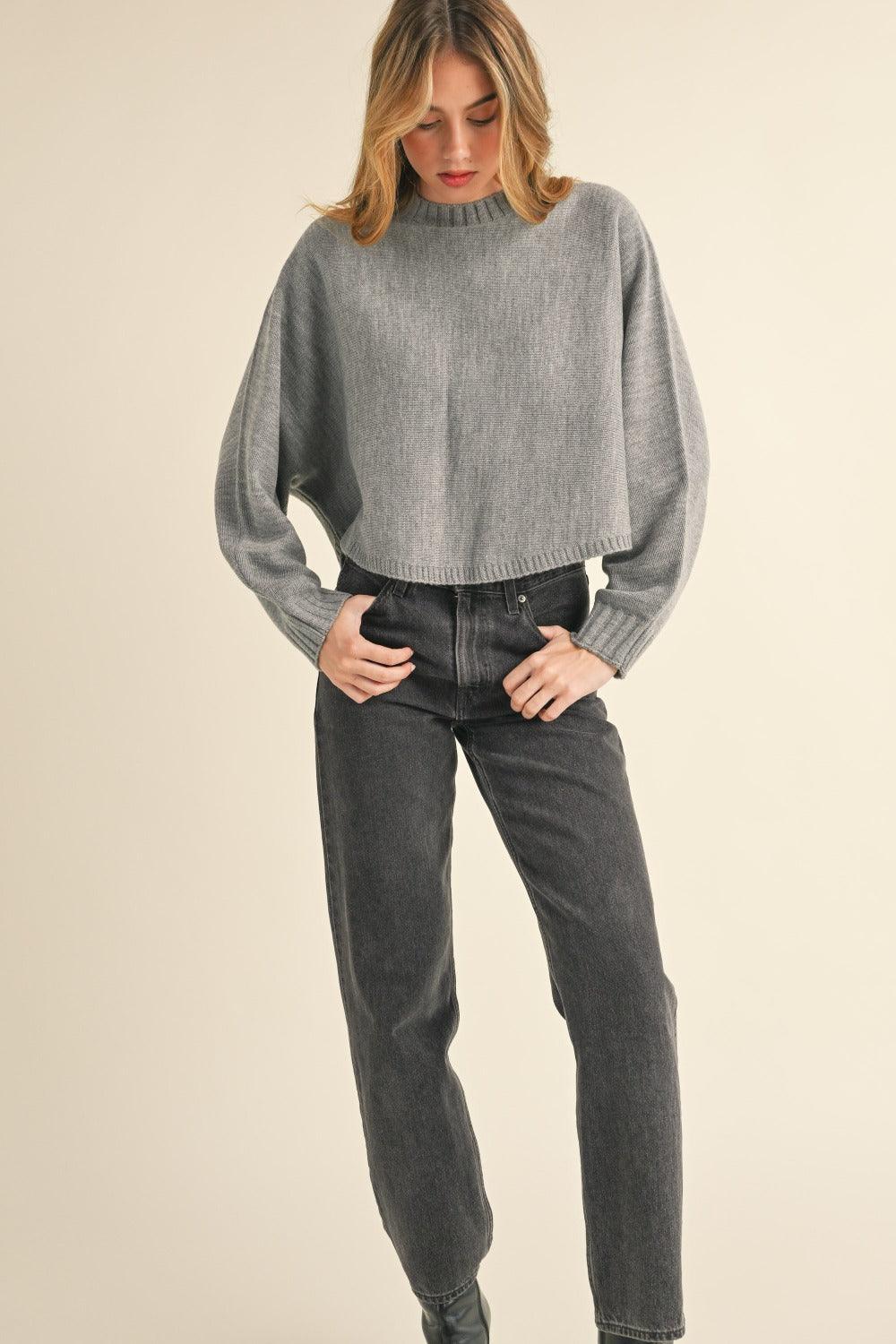 Mable Gray Sweater Round Neck Dolman Sleeve Cropped Basic Style fe8cf6af-ec3d-4057-96fa-9adba6096d0d-Max Trendsi