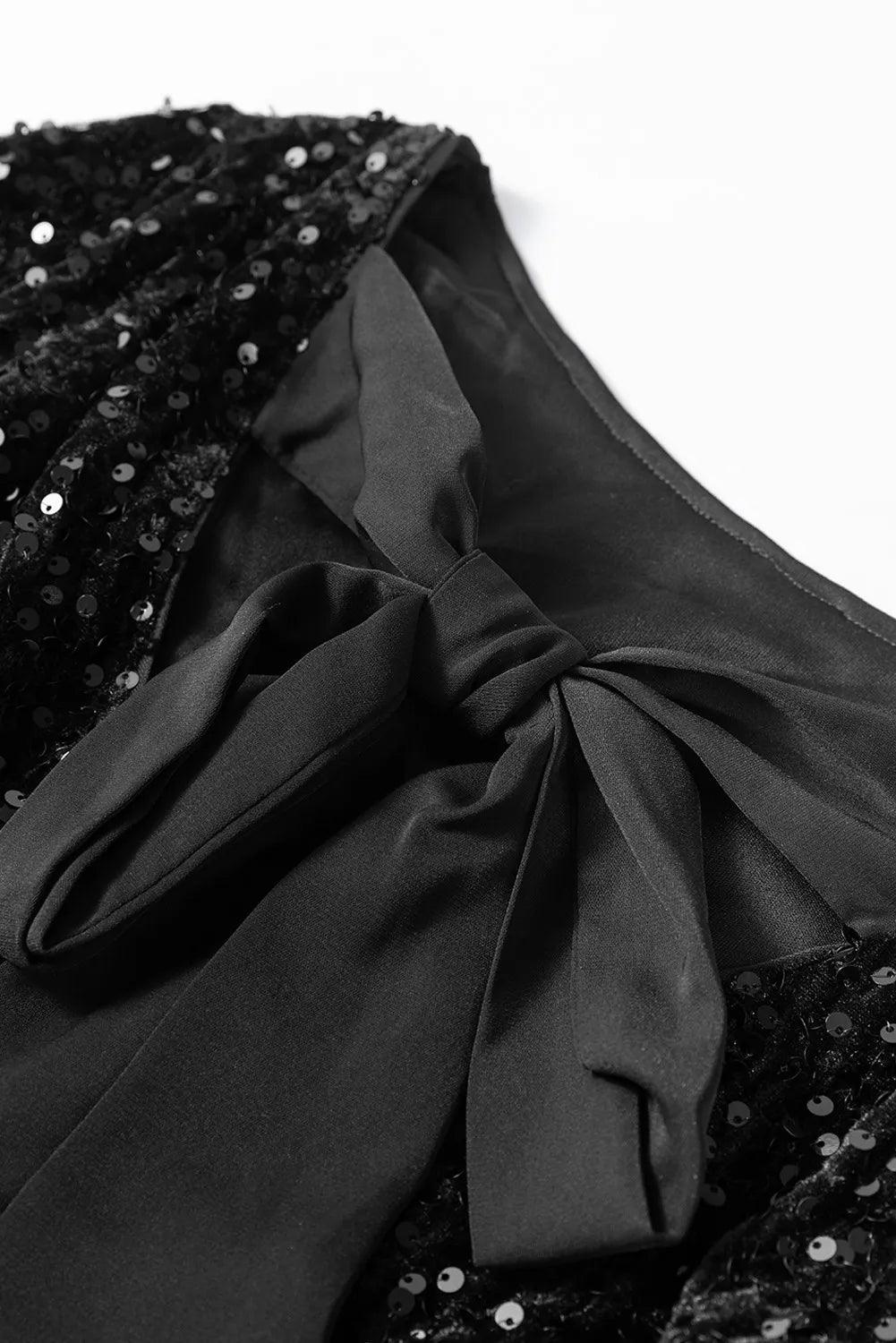 Sequin Mini Dress Bow Back Black Sparkle Round Neck Long Sleeve fe903dc3-5fb9-4acc-a63d-7f03debd38dd-Max Trendsi