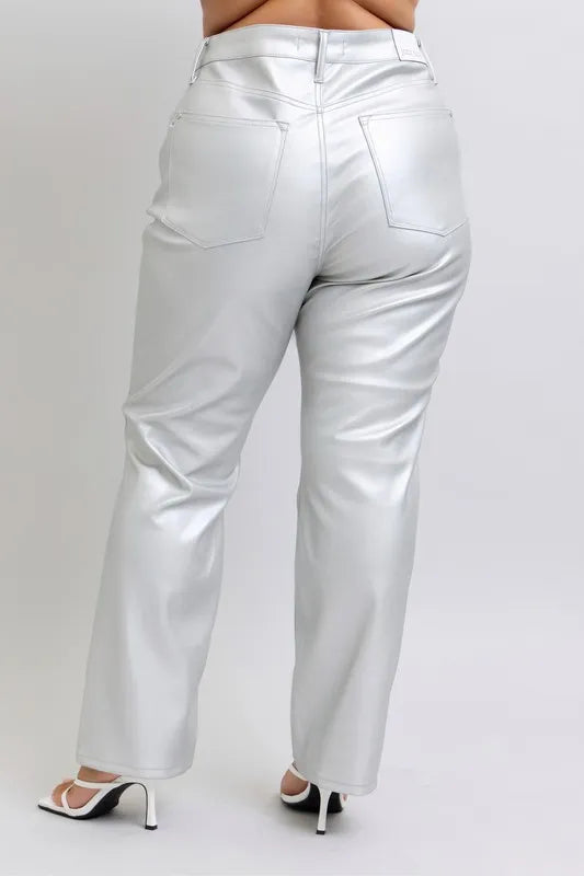 Judy Blue Silver Faux Leather Pants High Waist Straight fe9c7d54-b6c0-46cd-b269-e3e1d383214f-Max-Origin Trendsi