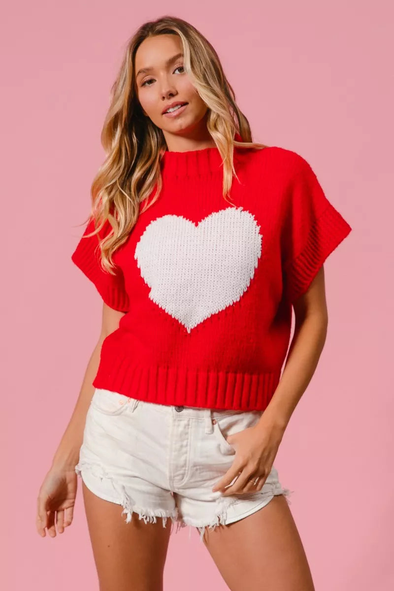 BiBi Valentines Sweater Red Rib Top White Banded Heart Pattern fe9cc7fcb57248a480004f89bdf6cdb2-Max-Origin Trendsi