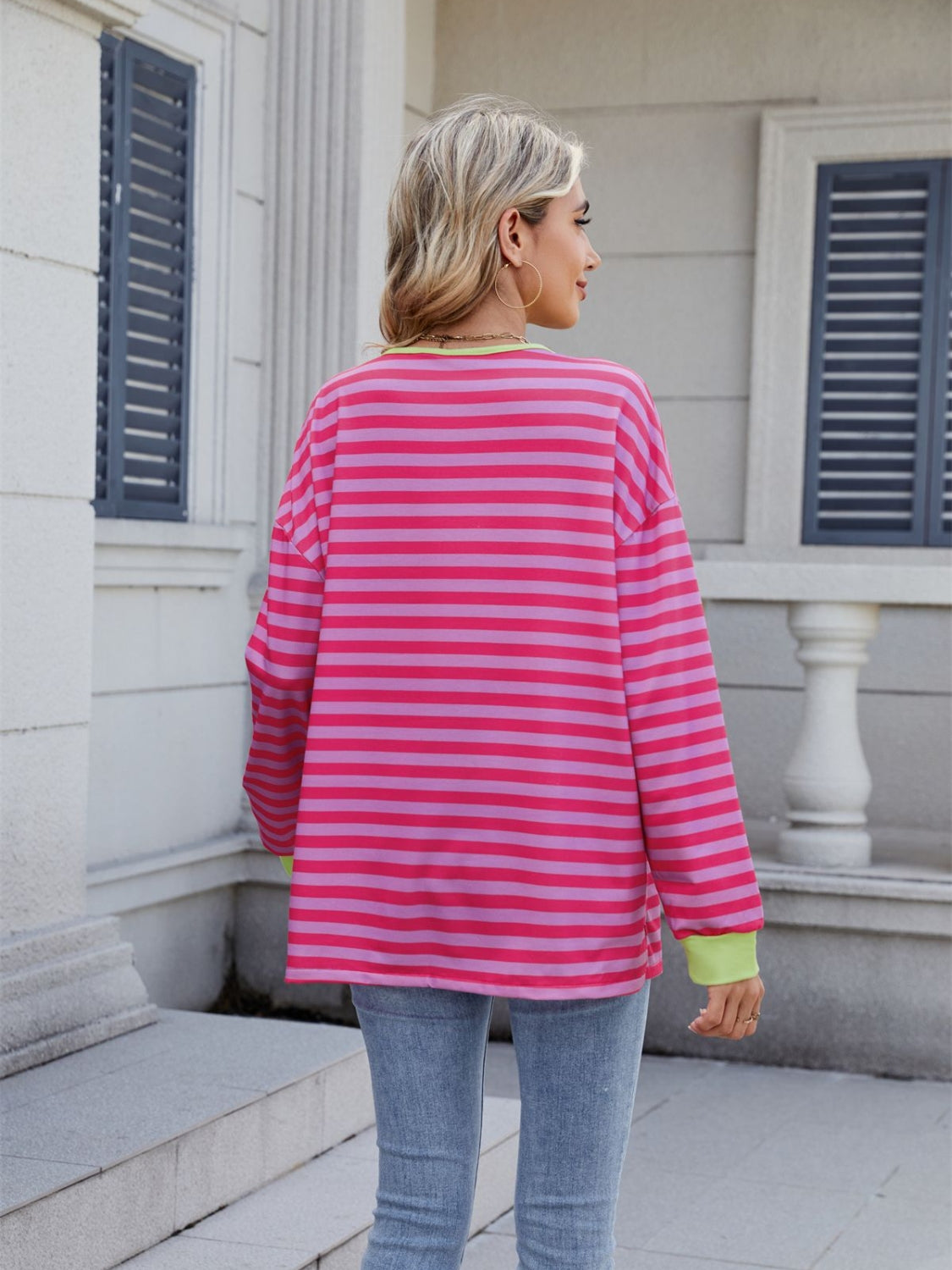 Striped T-Shirt Lace-Up Crisscross V Neck Long Sleeve Blouse Top fea41a9b-8895-45e1-a388-95262d51a421-Max Trendsi