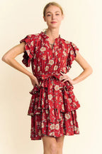 Davi & Dani Ruffle Mini Dress Rust Floral Flutter Short Sleeve Tie Belt Tiered fea6bd3dffaf431b964e5b7534621231-Max-Origin Trendsi