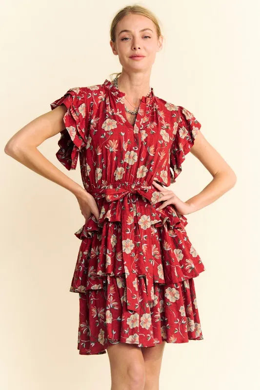 Davi & Dani Ruffle Mini Dress Rust Floral Flutter Short Sleeve Tie Belt Tiered fea6bd3dffaf431b964e5b7534621231-Max-Origin Trendsi