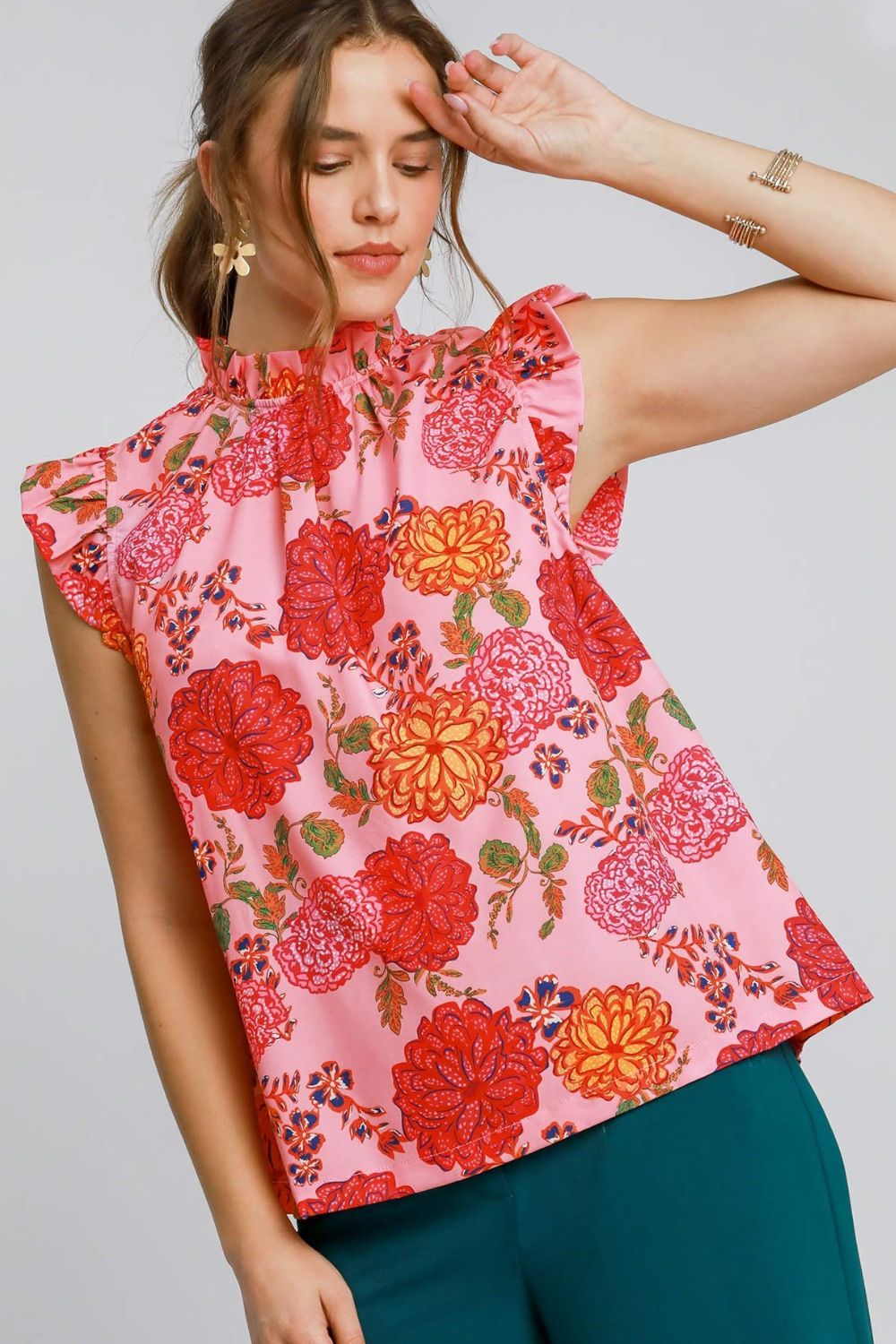 Umgee Blouse Floral Pink Mix Print Ruffled Cap Short Sleeve Top fea838ce-381c-4c75-bcfd-77e1b4041f07-Max Trendsi