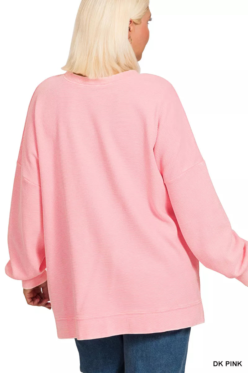 Zenana Women's Sweatshirt Dark Pink Acid Washed Double Ribbed Hi-low Plus Sizes fea87326-cc6b-45db-9d56-3d069e712985-Max-Origin Trendsi