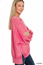 Zenana Fleece Sweatshirt Fuchsia Pink Acid Washed Batwing Sleeve Womens Top feb1d355-5039-400e-8a49-acba7b4aea24-Max-Origin Trendsi