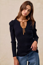 BiBi Womens Knit Top Black Ribbed Camel Contrast Front Tied Top with Shrried feb5bf8d1b184ff0b872b0ec488d03a5-Max-Origin Trendsi
