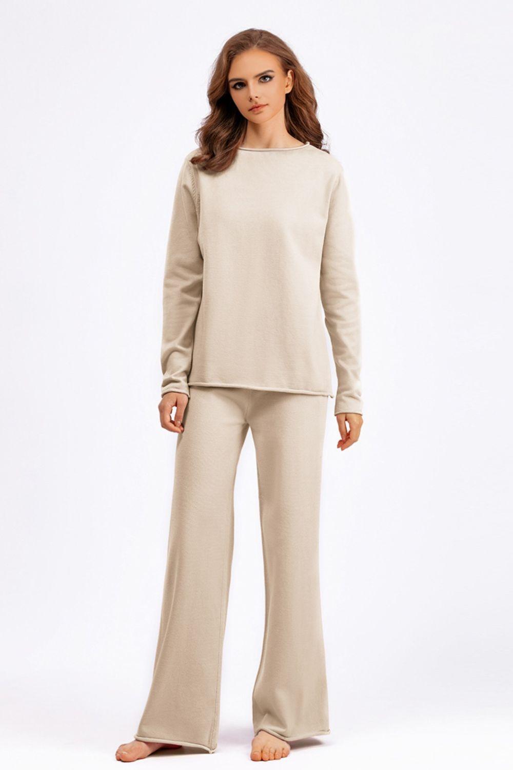 Basic Bae Outfit Sweater Set Rolled Edges Round Neck Long Sleeve Top Pants