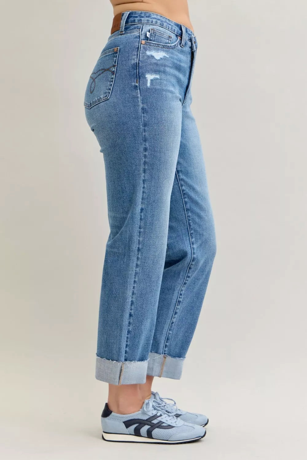Judy Blue Jeans High Waist Bf Criss-cross Mild Destroy with Single Cuff fec02867d3ed4616990c8a8a81c0fba3-Max-Origin Trendsi