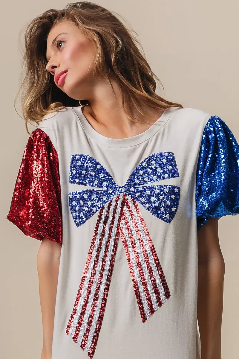 BiBi Cotton T-shirt Sequin American Flag Bow Top Short Puff Sleeve fec40fada2814bb58395f082a01430e2-Max-Origin Trendsi
