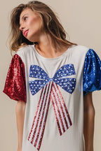 BiBi Cotton T-shirt Sequin American Flag Bow Top Short Puff Sleeve fec40fada2814bb58395f082a01430e2-Max-Origin Trendsi