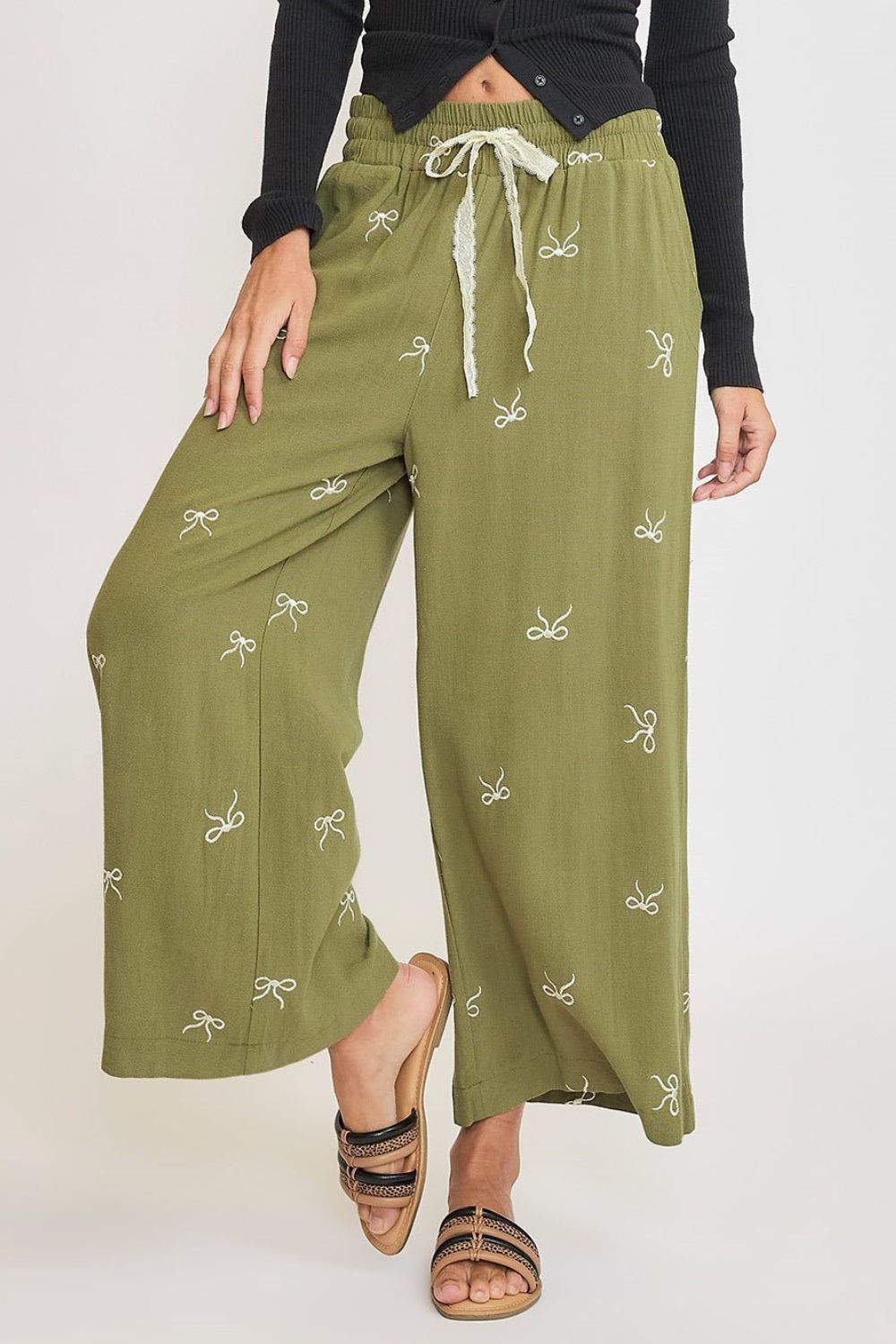 Umgee Linen Blend Pants Bow Embroidered Yellow Green Drawstring Wide Leg