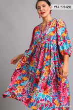 Umgee Midi Dress Floral Mulberry Mix Print Tie Neck with Pockets 3/4 Sleeve fed9aaaa-7f8a-40a5-b022-db79dd04179d-Max-Origin Trendsi
