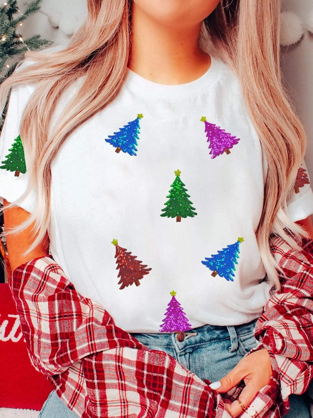 Womens White T-Shirt Christmas Tree Sequns Relaxed Fit Top Tee fed9fdb34dc34ad7bef661c02cd8ba80-Max-Origin Trendsi