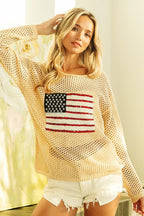 BiBi Top Open Knit Cover Up Sequin American Flag Patch Oatmeal fedc5fd28b4a4c65ae216905c8c254e4-Max-Origin Trendsi