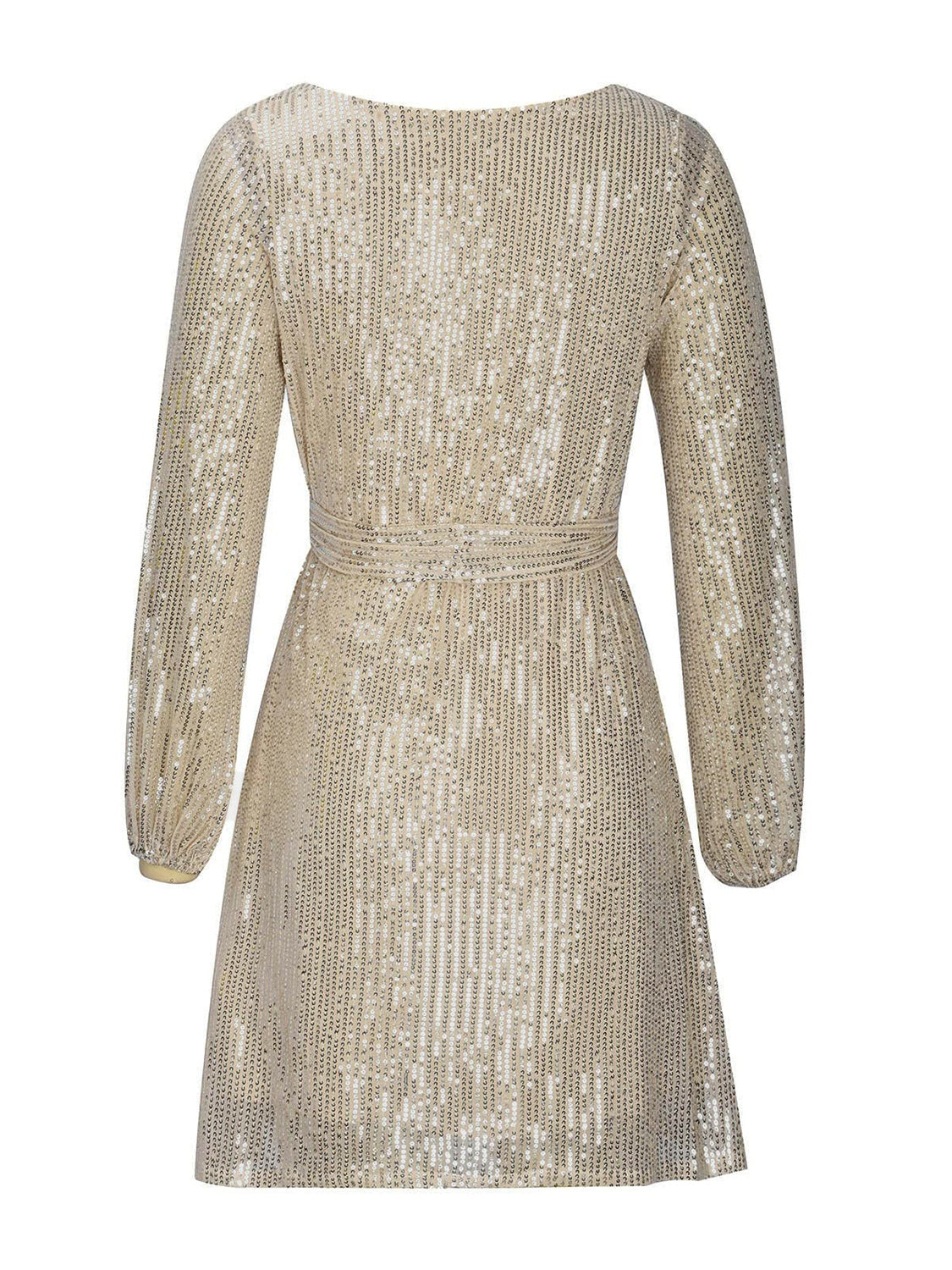 Sequin Mini Dress Tie Waist Long Sleeve Short Women Party Lined Dresses