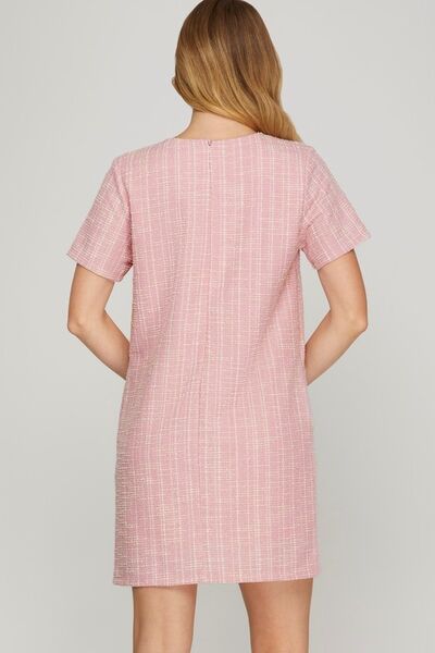 She + Sky Tweed Mini Dress Pearl Studded Trim Knit Pink Short Sleeve feeba1b7-9255-49a0-9586-c3338aa8dcaf-Min Trendsi