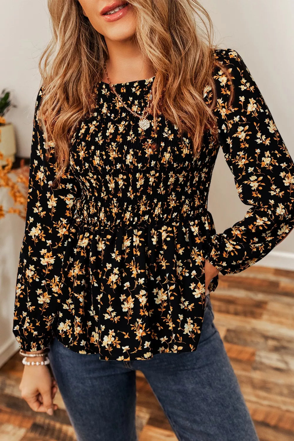 Floral Print Long Sleeve Blouse with Smocked Waist