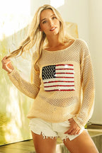 BiBi Top Open Knit Cover Up Sequin American Flag Patch Oatmeal fef1857972964f1cb0f0ed3676341757-Max-Origin Trendsi