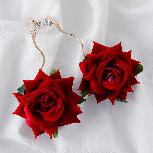 Rose Dangle Earrings Alloy Long Red Flower Women Fashion Jewelry