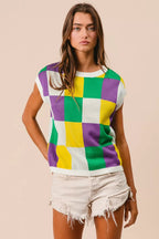 BiBi Womens Sweater Knit Top Mardi Gras Checker Pattern Sleeveless fefae07201e34297a5d33e07146f625b-Max-Origin Trendsi