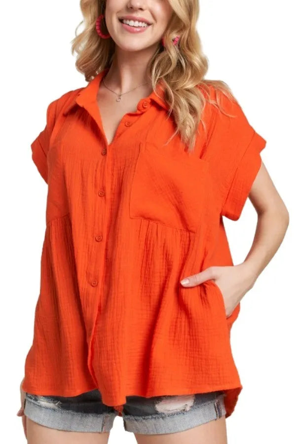 ADORA Shirt Cotton Orange Solid Top Short Sleeve with Pockets fefbd5e4149e4d01b2a95e92e84df721-Max-Origin Trendsi