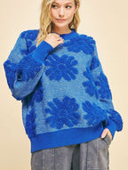 Flower Texture Sweater Blue Davi & Dani USA Round Neck Long Sleeve Pullover Blue fefe2830-fd1b-4219-8a7c-a91a4d890a71-Max Trendsi